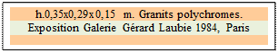 Zone de Texte: h.0,35x0,29x0,15 m. Granits polychromes. 
Exposition Galerie G�rard Laubie 1984, Paris

