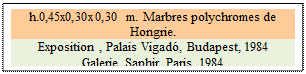 Zone de Texte: h.0,45x0,30x0,30 m. Marbres polychromes de Hongrie.
Exposition , Palais Vigad�, Budapest, 1984
Galerie Saphir, Paris, 1984

