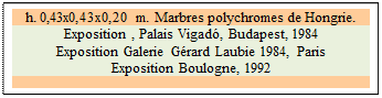 Zone de Texte: h. 0,43x0,43x0,20 m. Marbres polychromes de Hongrie.
Exposition , Palais Vigad�, Budapest, 1984
Exposition Galerie G�rard Laubie 1984, Paris
Exposition Boulogne, 1992

