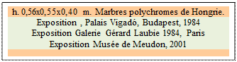 Zone de Texte: h. 0,56x0,55x0,40 m. Marbres polychromes de Hongrie.
Exposition , Palais Vigad�, Budapest, 1984
Exposition Galerie G�rard Laubie 1984, Paris
Exposition Mus�e de Meudon, 2001

