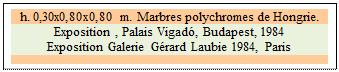 Zone de Texte: h. 0,30x0,80x0,80 m. Marbres polychromes de Hongrie.
Exposition , Palais Vigad�, Budapest, 1984
Exposition Galerie G�rard Laubie 1984, Paris

