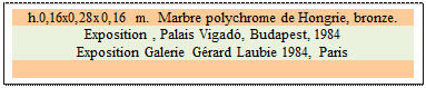 Zone de Texte: h.0,16x0,28x0,16 m.  Marbre polychrome de Hongrie, bronze. 
Exposition , Palais Vigad�, Budapest, 1984
Exposition Galerie G�rard Laubie 1984, Paris

