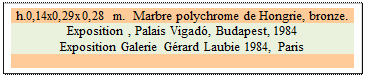 Zone de Texte: h.0,14x0,29x0,28 m.  Marbre polychrome de Hongrie, bronze. 
Exposition , Palais Vigad�, Budapest, 1984
Exposition Galerie G�rard Laubie 1984, Paris

