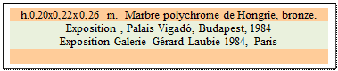 Zone de Texte: h.0,20x0,22x0,26 m.  Marbre polychrome de Hongrie, bronze. 
Exposition , Palais Vigad�, Budapest, 1984
Exposition Galerie G�rard Laubie 1984, Paris

