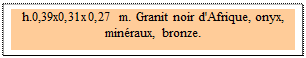 Zone de Texte: h.0,39x0,31x0,27 m. Granit noir d'Afrique, onyx, 
min�raux, bronze. 
