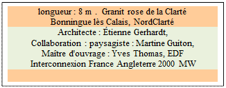 Zone de Texte: longueur : 8 m .  Granit rose de la Clart�
Bonningue l�s Calais, NordClart�
Architecte : �tienne Gerhardt, 
Collaboration : paysagiste : Martine Guiton, 
Ma�tre d'ouvrage : Yves Thomas, EDF
 Interconnexion France Angleterre 2000 MW 

