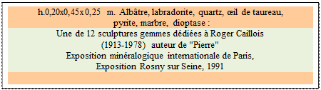 Zone de Texte: h.0,20x0,45x0,25 m. Alb�tre, labradorite, quartz, �il de taureau,
 pyrite, marbre, dioptase : 
Une de 12 sculptures gemmes d�di�es � Roger Caillois 
(1913-1978) auteur de "Pierre" 
Exposition min�ralogique internationale de Paris, 
Exposition Rosny sur Seine, 1991

