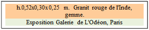 Zone de Texte: h.0,52x0,30x0,25 m.  Granit rouge de l'Inde, gemme.
Exposition Galerie de L'Od�on, Paris

