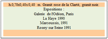 Zone de Texte: h.0,70x0,40x0,40 m. Granit rose de la Clart�, granit noir. 
Expositions :
Galerie de l'Od�on, Paris 
La Haye 1990 
Marcoussis, 1991 
Rosny sur Seine 1991 


