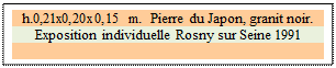 Zone de Texte: h.0,21x0,20x0,15 m.  Pierre du Japon, granit noir.
Exposition individuelle Rosny sur Seine 1991
 
