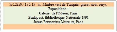 Zone de Texte: h.0,23x0,41x0,15 m. Marbre vert de Turquie, granit noir, onyx. 
Expositions :
Galerie de l'Od�on, Paris 
Budapest, Biblioth�que Nationale 1991 
Janus Pannonius Muzeum, P�cs

