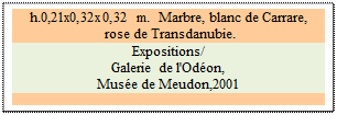 Zone de Texte: h.0,21x0,32x0,32 m.  Marbre, blanc de Carrare,
 rose de Transdanubie.
Expositions/ 
Galerie de l'Od�on, 
Mus�e de Meudon,2001

