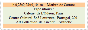 Zone de Texte: h.0,23x0,28x0,10 m.   Marbre de Carrare. 
Expositions :
Galerie de L'Od�on, Paris 
Centre Culturel Sa� Lourenzo, Portugal, 2001
Art Collection de Knecht � Autriche


