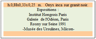 Zone de Texte: h.0,88x0,33x0,25 m.   Onyx inca sur granit noir. 
Expositions : 
Institut Hongrois Paris 
Galerie de l'Od�on, Paris 
Rosny sur Seine 1991 
 -Mus�e des Ursulines, M�con-

