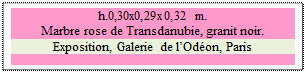 Zone de Texte: h.0,30x0,29x0,32 m. 
Marbre rose de Transdanubie, granit noir. 
Exposition, Galerie de l�Od�on, Paris

