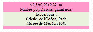 Zone de Texte: h.0,52x0,90x0,29 m. 
Marbre polychrome, granit noir. 
Expositions :
Galerie de l'Od�on, Paris  
Mus�e de Meudon 2001

