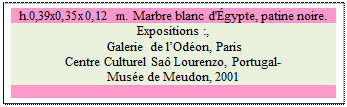 Zone de Texte: h.0,39x0,35x0,12 m. Marbre blanc d'�gypte, patine noire. 
Expositions :,
 Galerie de l�Od�on, Paris
Centre Culturel Sa� Lourenzo, Portugal- 
Mus�e de Meudon, 2001

