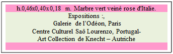 Zone de Texte: h.0,46x0,40x0,18 m. Marbre vert vein� rose d'Italie. 
Expositions :,
 Galerie de l�Od�on, Paris
Centre Culturel Sa� Lourenzo, Portugal- 
Art Collection de Knecht � Autriche

