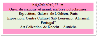Zone de Texte: h.0,62x0,60x0,27 m.   
Onyx du mexique et granit, marbres polychromes. 
Exposition, Galerie de L'Od�on, Paris
Exposition, Centre Culturel Sa� Lourenzo, Almansil, Portugal* 
Art Collection de Knecht � Autriche

