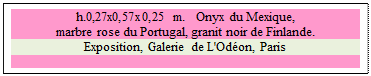 Zone de Texte: h.0,27x0,57x0,25 m.   Onyx du Mexique, 
marbre rose du Portugal, granit noir de Finlande.
Exposition, Galerie de L'Od�on, Paris

