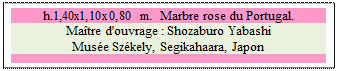 Zone de Texte: h.1,40x1,10x0,80 m.  Marbre rose du Portugal.
Ma�tre d'ouvrage : Shozaburo Yabashi
Mus�e Sz�kely, Segikahaara, Japon

