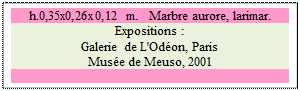 Zone de Texte: h.0,35x0,26x0,12 m.   Marbre aurore, larimar. 
Expositions :
Galerie de L'Od�on, Paris
Mus�e de Meuso, 2001

