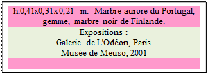 Zone de Texte: h.0,41x0,31x0,21 m.  Marbre aurore du Portugal, gemme, marbre noir de Finlande. 
Expositions :
Galerie de L'Od�on, Paris
Mus�e de Meuso, 2001


