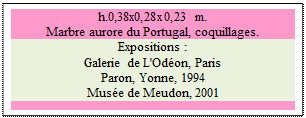 Zone de Texte: h.0,38x0,28x0,23 m. 
Marbre aurore du Portugal, coquillages. 
Expositions :
Galerie de L'Od�on, Paris
Paron, Yonne, 1994
Mus�e de Meudon, 2001

