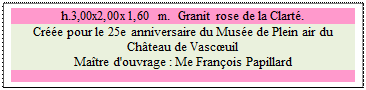 Zone de Texte: h.3,00x2,00x1,60 m.  Granit rose de la Clart�. 
Cr��e pour le 25e anniversaire du Mus�e de Plein air du Ch�teau de Vasc�uil
Ma�tre d'ouvrage : Me Fran�ois Papillard 

