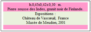 Zone de Texte: h.0,45x0,42x0,30 m. 
Pierre rousse des Indes, granit noir de Finlande.
Expositions :
Ch�teau de Vasc�uil, France 
 Mus�e de Meudon, 2001

