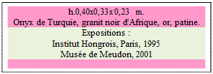 Zone de Texte: h.0,40x0,33x0,23 m.   
Onyx de Turquie, granit noir d'Afrique, or, patine. 
Expositions :
Institut Hongrois, Paris, 1995 
Mus�e de Meudon, 2001

