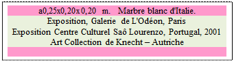 Zone de Texte: a0,25x0,20x0,20 m.   Marbre blanc d'Italie. 
Exposition, Galerie de L'Od�on, Paris 
Exposition Centre Culturel Sa� Lourenzo, Portugal, 2001
Art Collection de Knecht � Autriche

