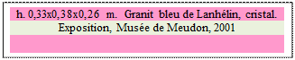 Zone de Texte: h. 0,33x0,38x0,26 m.  Granit bleu de Lanh�lin, cristal.
Exposition, Mus�e de Meudon, 2001
 

