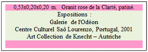 Zone de Texte: 0,53x0,20x0,20 m.   Granit rose de la Clart�, patin�. 
 Expositions : 
Galerie de l'Od�on 
Centre Culturel Sa� Lourenzo, Portugal, 2001
Art Collection de Knecht � Autriche

