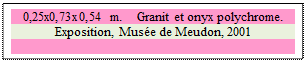 Zone de Texte: 0,25x0,73x0,54 m.    Granit et onyx polychrome. 
Exposition, Mus�e de Meudon, 2001

