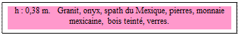 Zone de Texte: h : 0,38 m.   Granit, onyx, spath du Mexique, pierres, monnaie mexicaine, bois teint�, verres. 